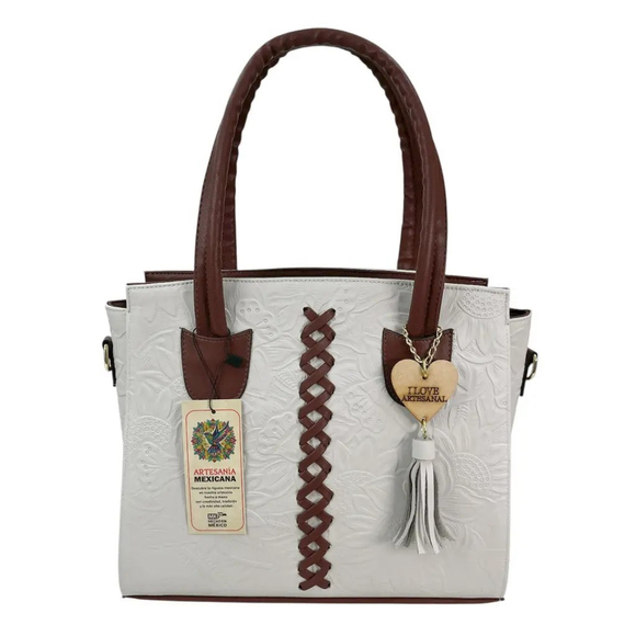 Floral White & Brown Cross Stitch Embossed Tooled Artisan LEATHER Bag Purse Tote - Picture 2 of 12